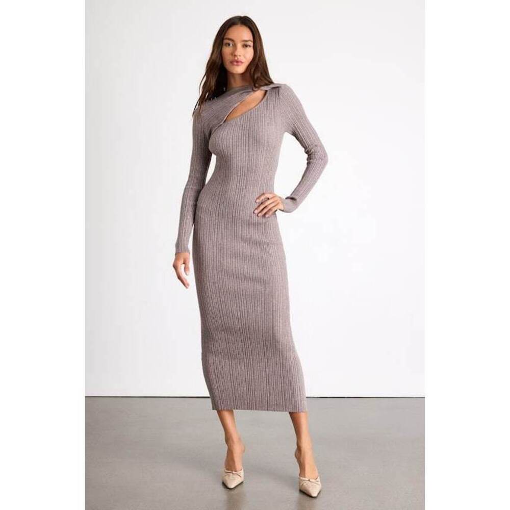 Lulus Mattea Grey Ribbed Cutout Long Sleeve Sweater Midi Dress - Size XS
